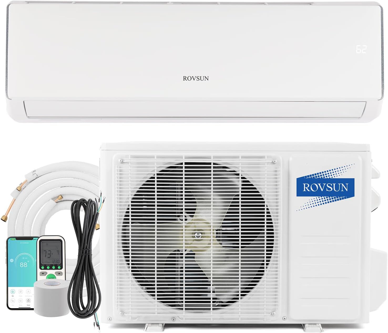 ROVSUN Aire acondicionado y calentador mini split habilitado para Wifi de 11000BTU, 17 SEER2 115V inversor de pared sin conductos, unidad de CA con