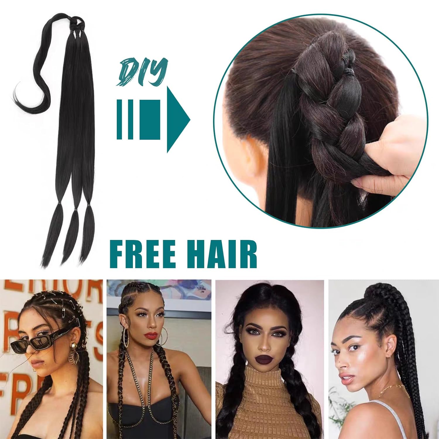 EMMOR Extensión de cola de caballo larga trenzada con cabello lacio envolvente, extensiones de cabello sintético suave y saludable para mujeres y