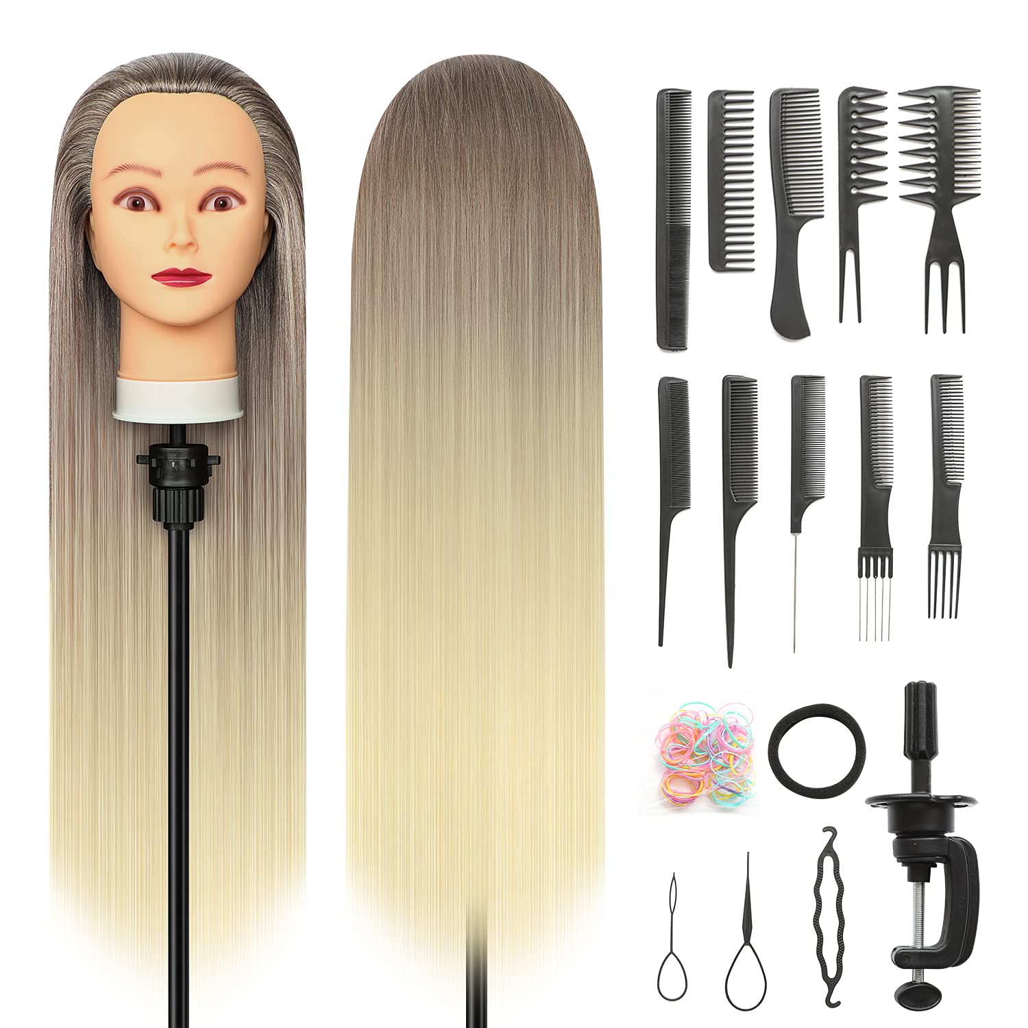 Cabezal de entrenamiento de 28 pulgadas, cabeza de peluquería 100% fibra sintética, cabeza de entrenamiento de peluquería con abrazadera gratuita y
