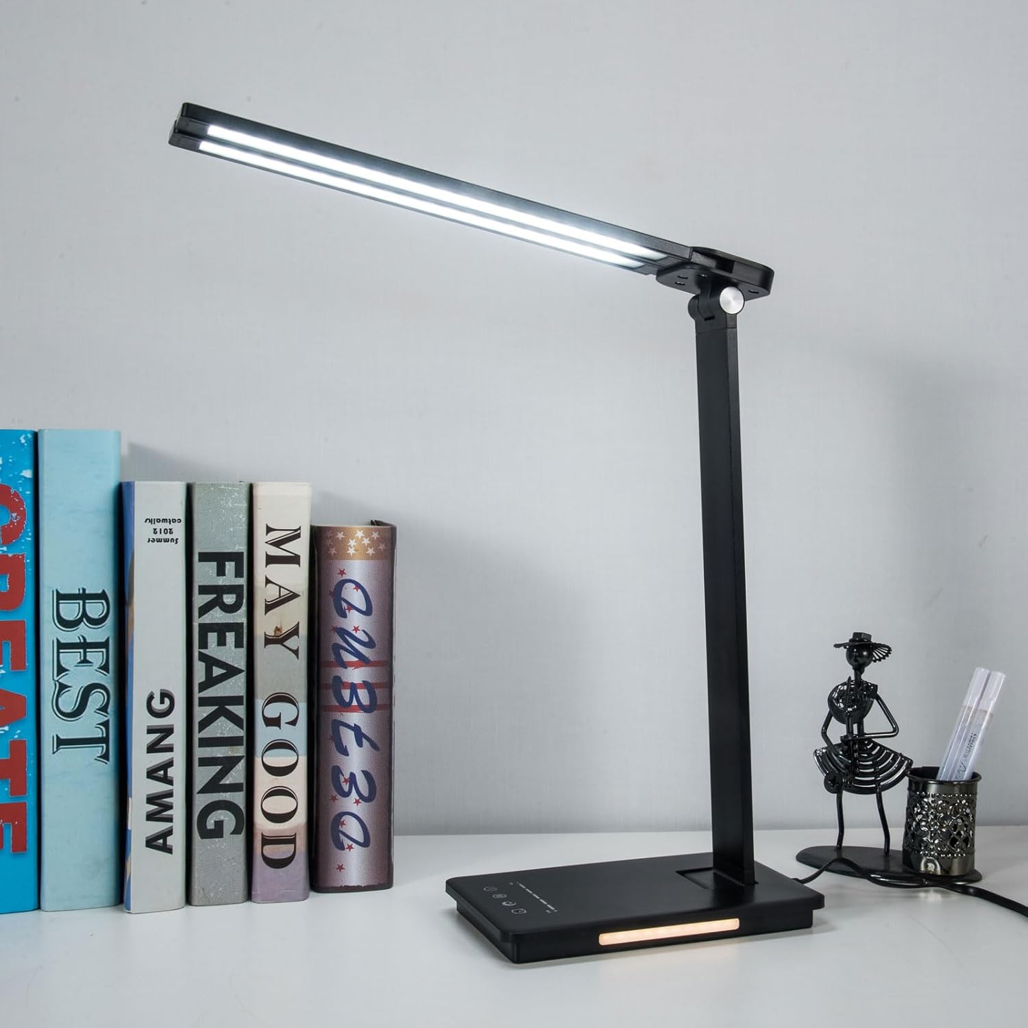 Lámpara de escritorio LED de doble brazo oscilante, regulable, lámpara de mesa plegable ajustable con puerto de carga USB, lámpara de tareas de