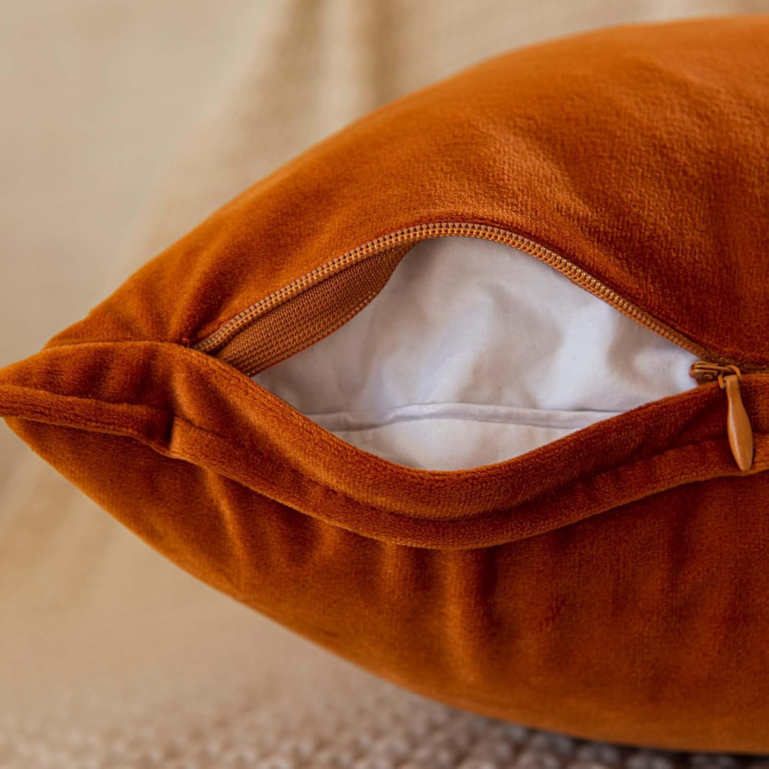 JUSPURBET Juego de 2 fundas de almohada decorativas de terciopelo naranja quemado de 14 x 14 pulgadas, funda de cojín suave con cremallera invisible