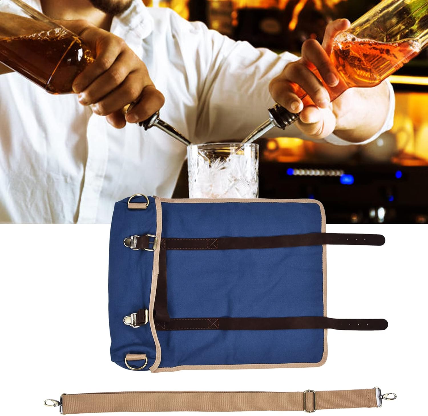 Juego de coctelera para camarero, bolsa de viaje, kit de camarero, bolsa enrollable con correa para el hombro para hacer cócteles en casa, trabajo,