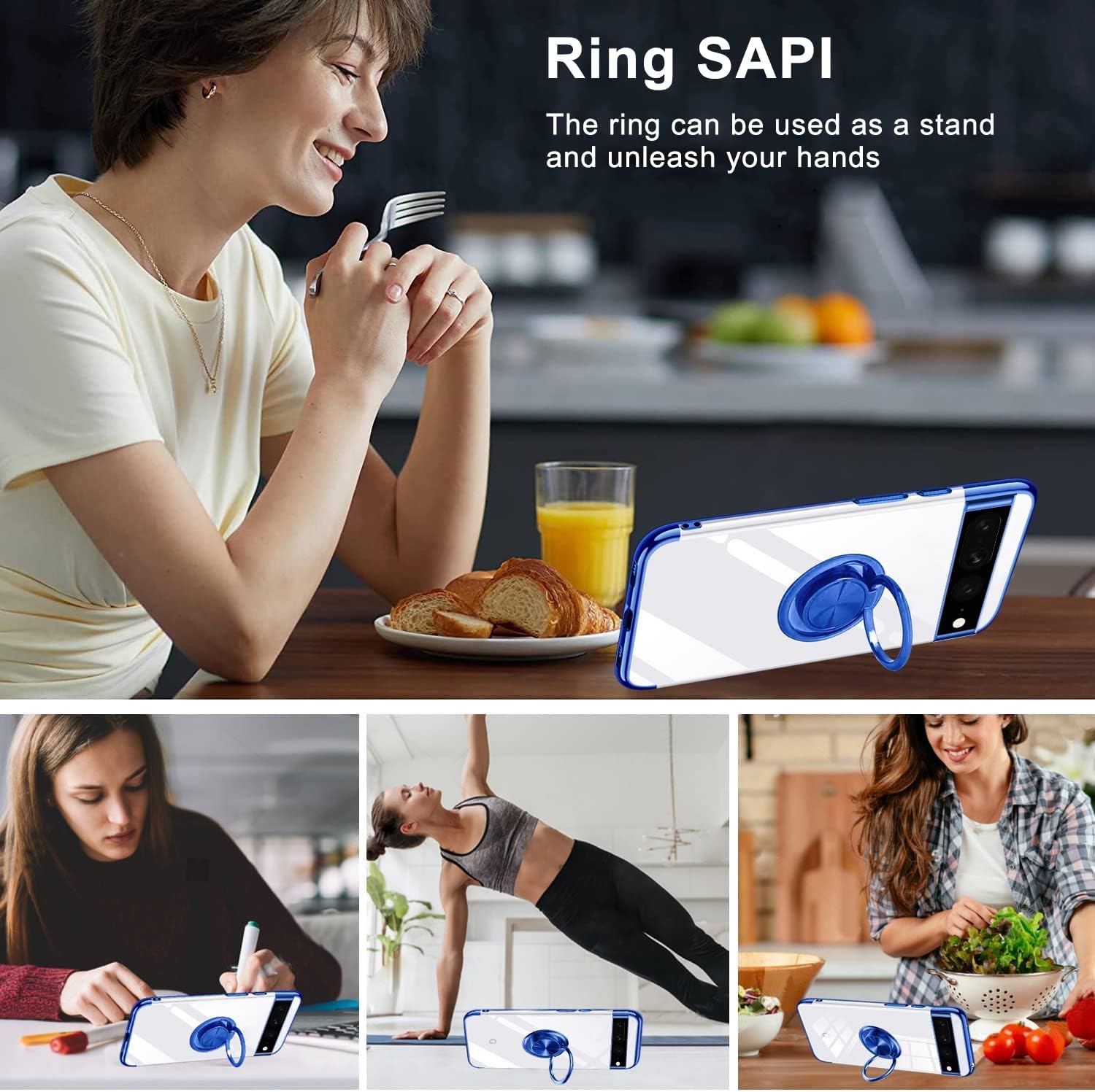 ZHIYIWU Funda compatible con Pixel 7 de 6.0 pulgadas, cubierta transparente con soporte de anillo, soporte electrochapado, poliuretano