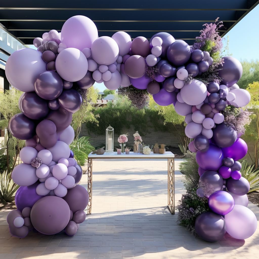 Guirnalda de globos morados, lavanda, globos de doble relleno, color lila pastel, kit de arco de globos de látex metálico morado oscuro, juego de