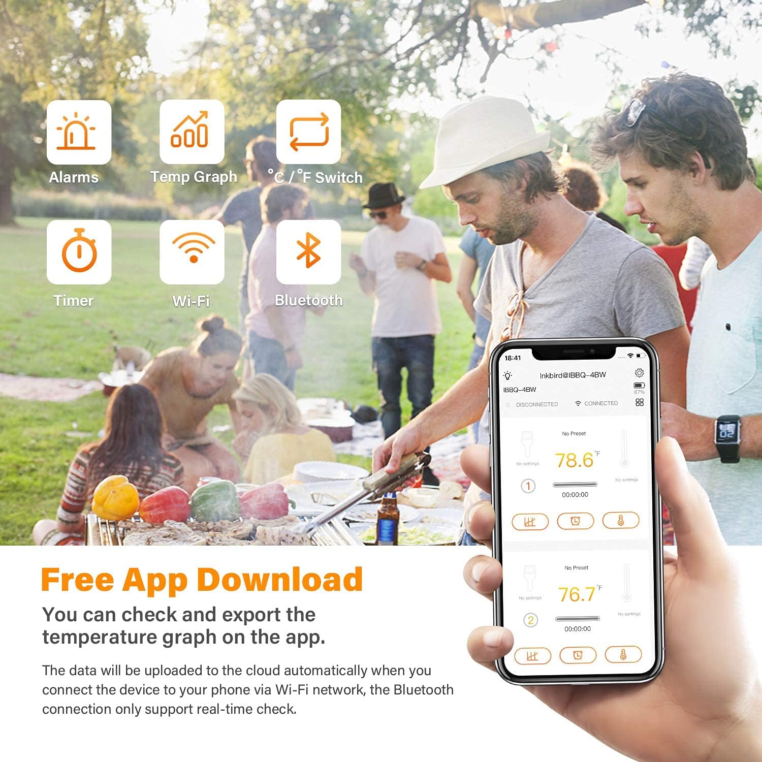 Termómetro de carne Bluetooth y WiFi IBBQ-4BW, termómetro inalámbrico inteligente para parrilla, 4 sondas de color, notificación móvil, temporizador