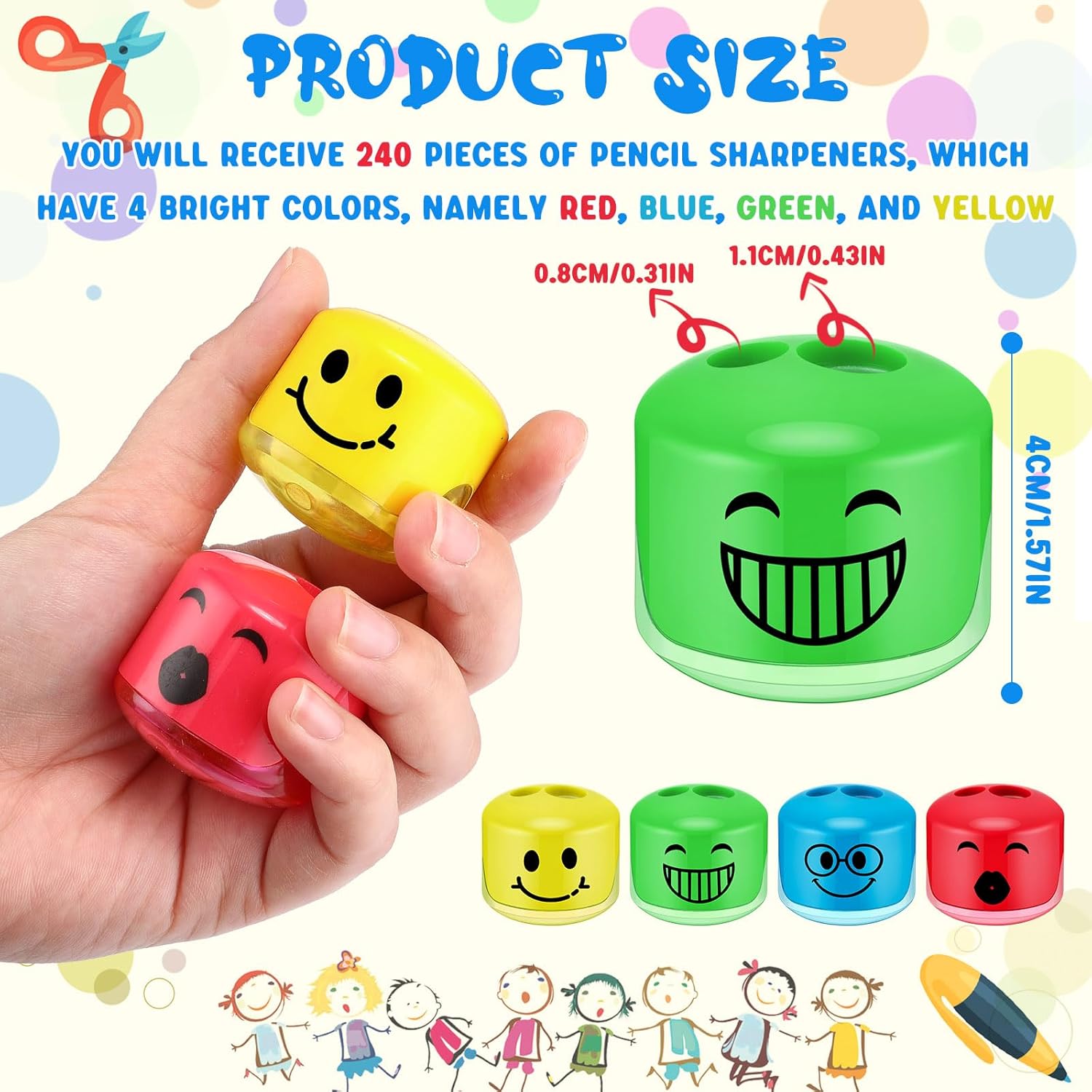 240 sacapuntas de mano para niños, sacapuntas manuales de doble agujero, sacapuntas de expresión de dibujos animados coloridos para escuela,