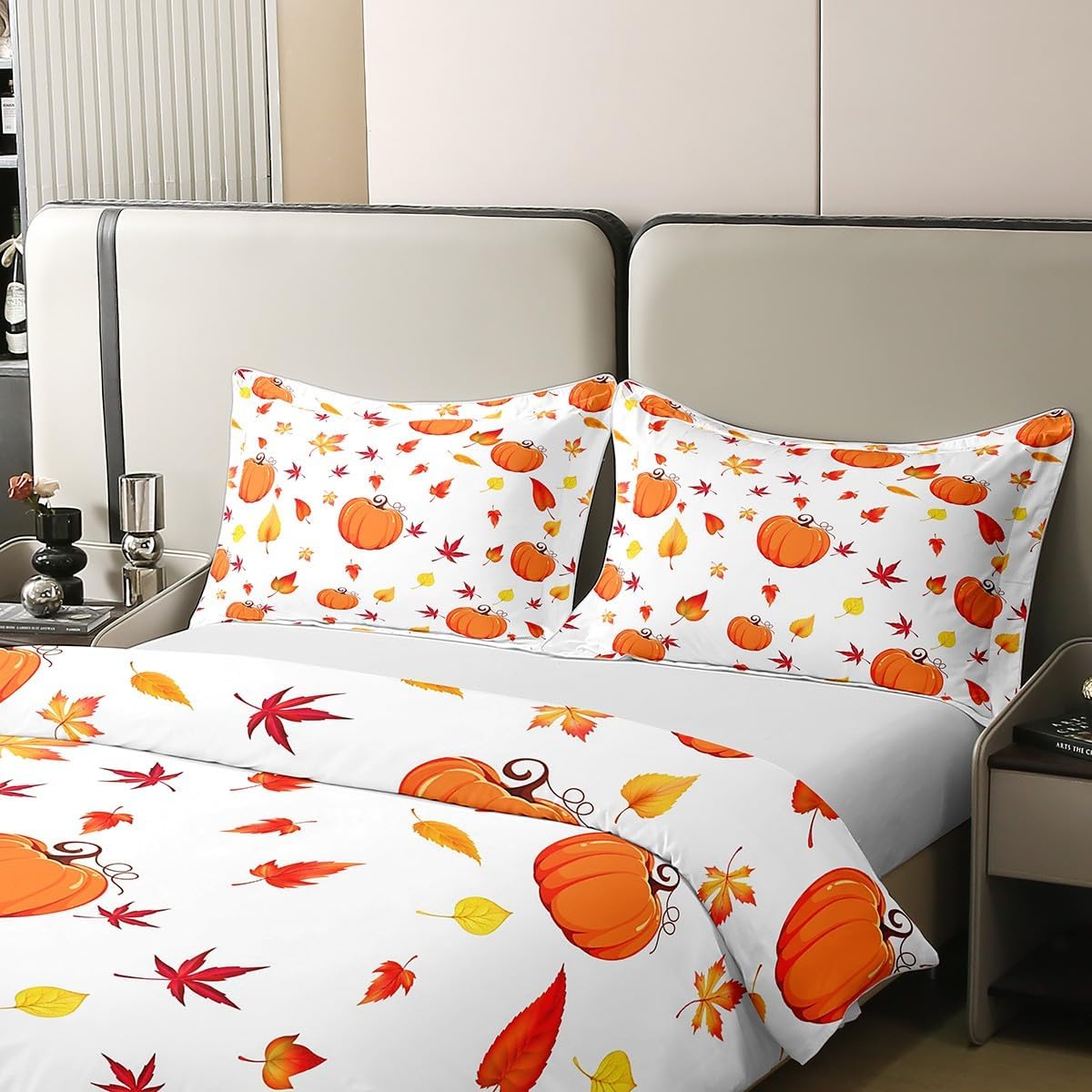 Erosebridal Juego de funda de edredón de calabaza de otoño 100% algodón orgánico, hojas de arce tamaño Queen, para niños y niñas, cosecha de otoño,