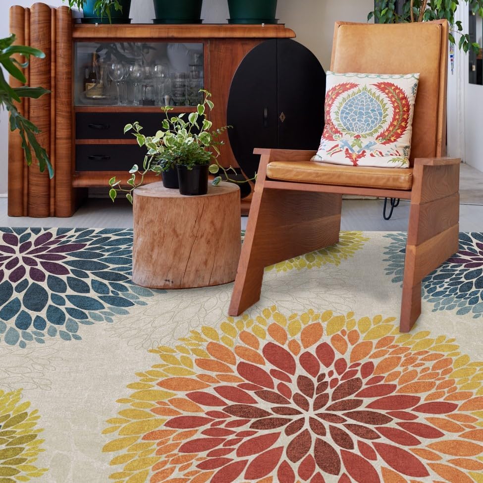 Ruggable Alfombra lavable con medallón floral, perfecta para sala de estar, dormitorio, cocina, apta para mascotas y niños, no tóxica, resistente a