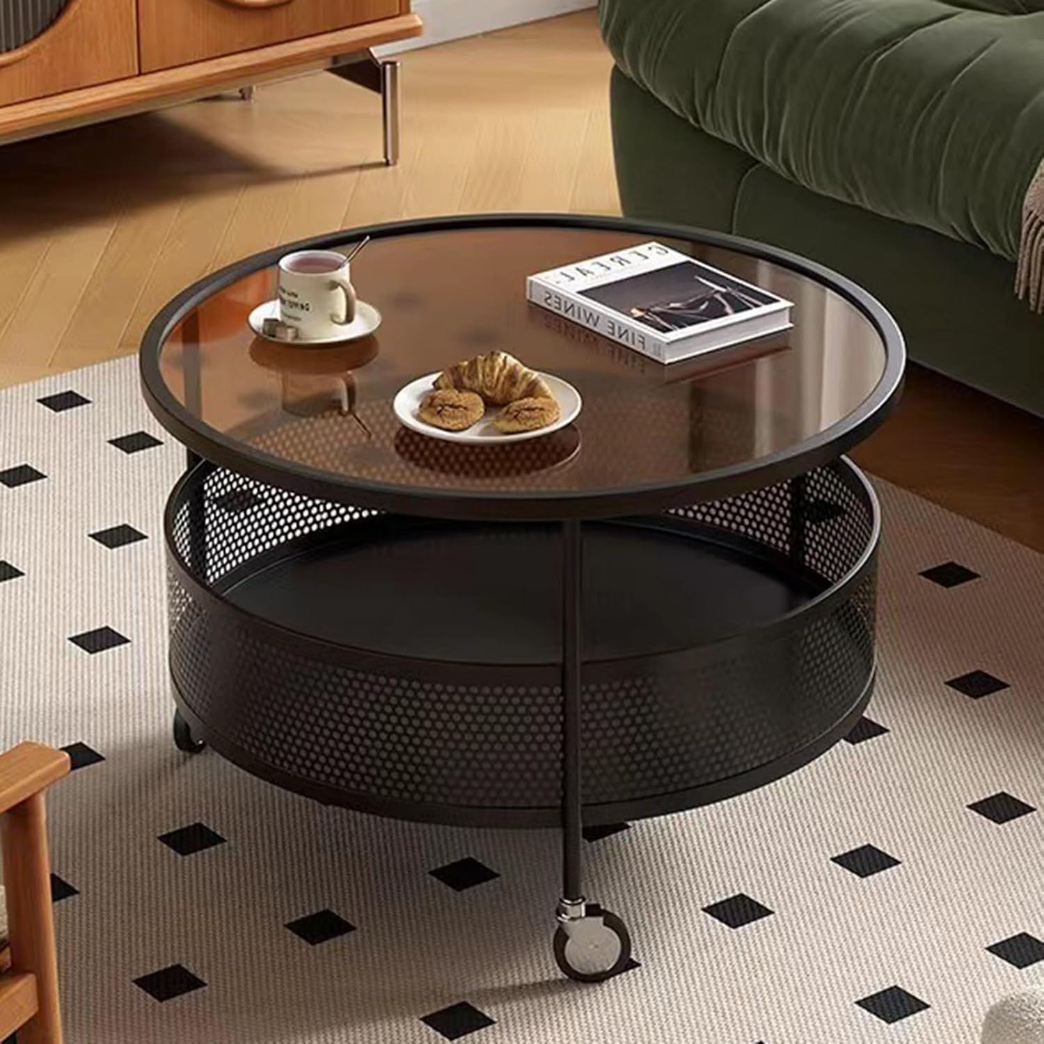 Mesa de centro de cristal con ruedas giratorias, mesa de té redonda de 2 niveles con cesta de almacenamiento hueca de hierro, moderna mesa central