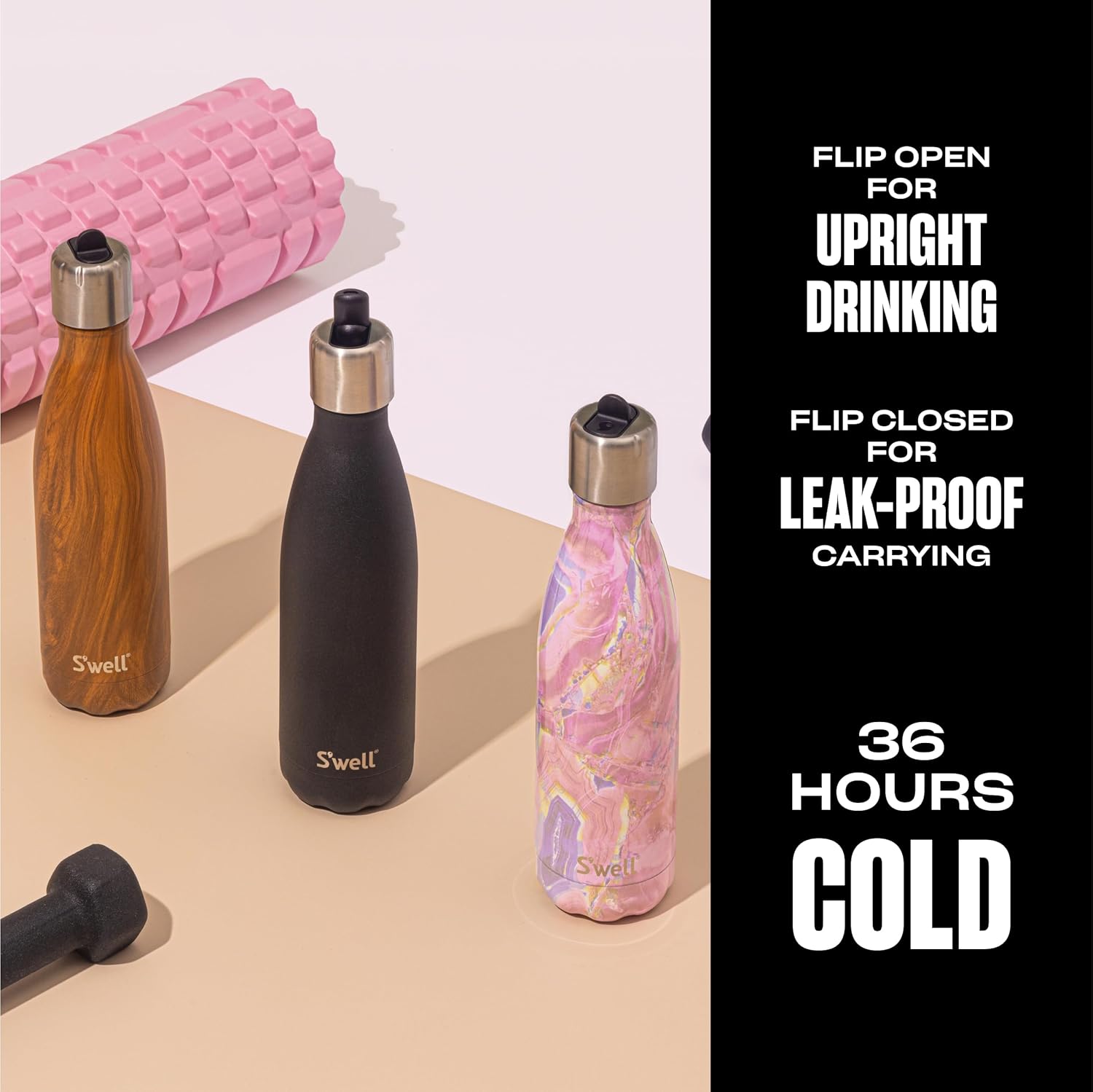 S’well Botella de agua de acero inoxidable con tapa de popote abatible, 17 onzas líquidas, envases aislados al vacío de triple capa Geode Rose que