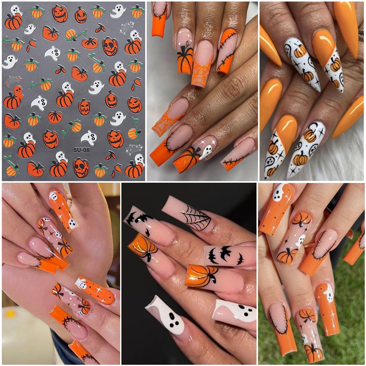 8 hojas de calcomanías de arte de uñas de Halloween, lindas calcomanías de calabaza fantasma, 3D, autoadhesivas, telaraña, murciélago, fantasmas,
