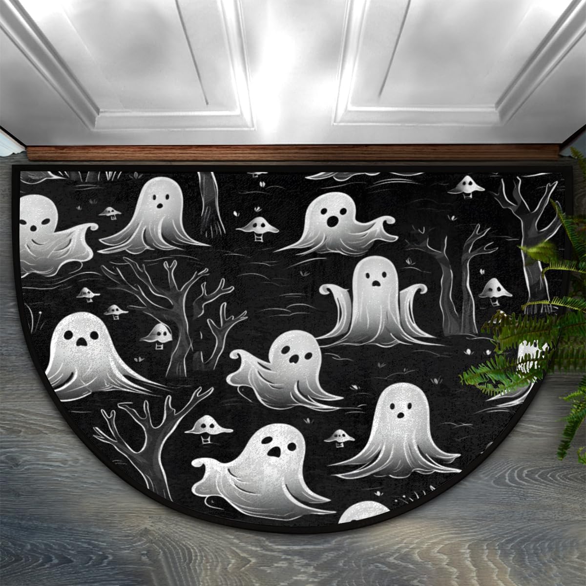 Tapete medio redondo del Día de los Muertos, tapete de bienvenida Boo de Halloween, árbol fantasma, entrada al aire libre, para entrada exterior, 24