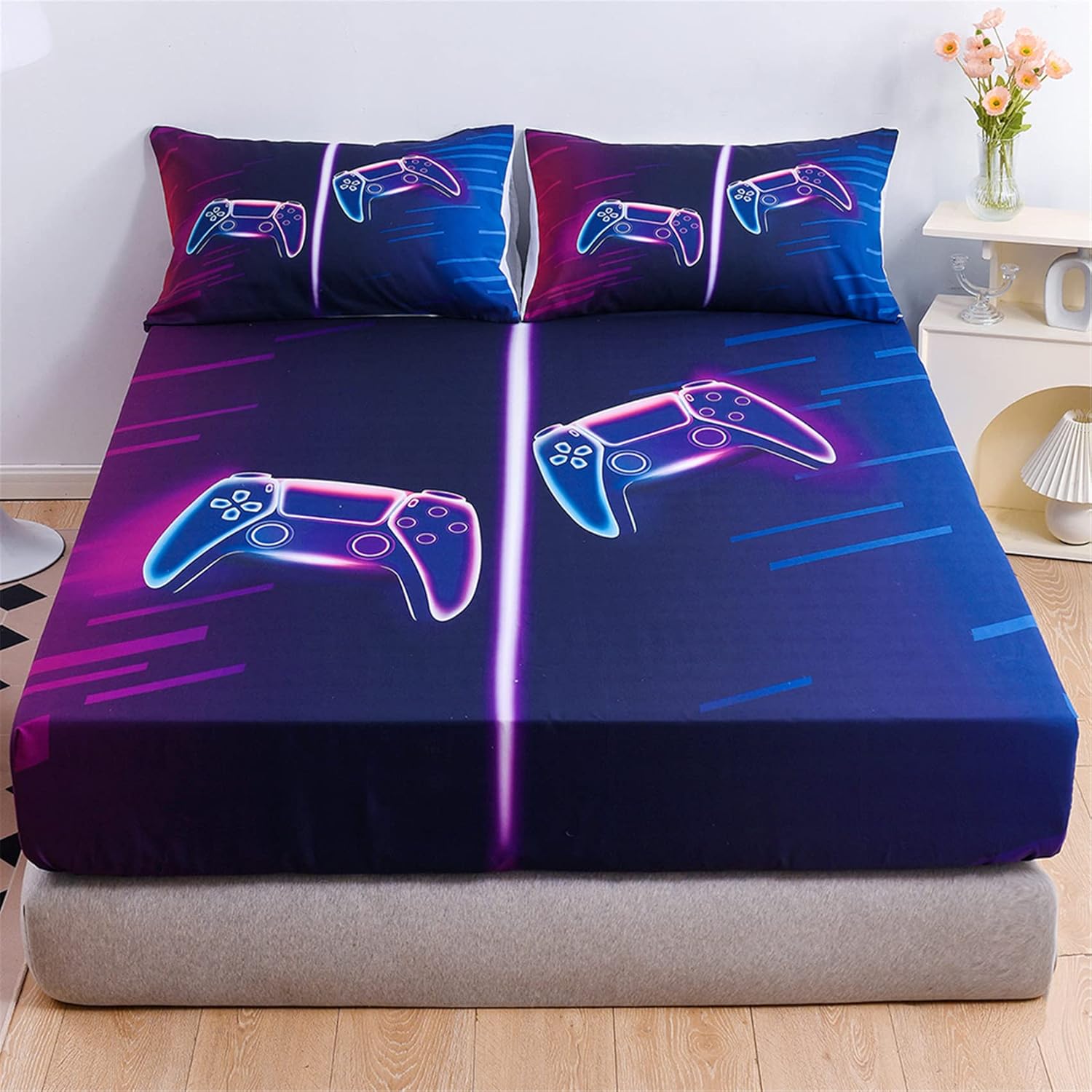 Juego de sábanas modernas de videojuegos, sábanas geniales para videojuegos, tamaño matrimonial, ropa de cama de 4 piezas, 1 sábana bajera, 1 sábana