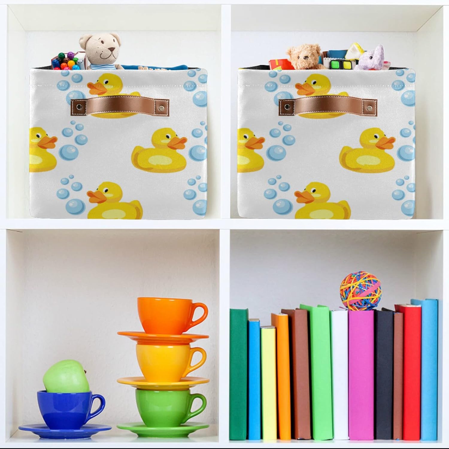 Cesta de almacenamiento rectangular de patos de goma amarillos, caja de almacenamiento plegable con asas de cuero, cestas de lavandería, organizador