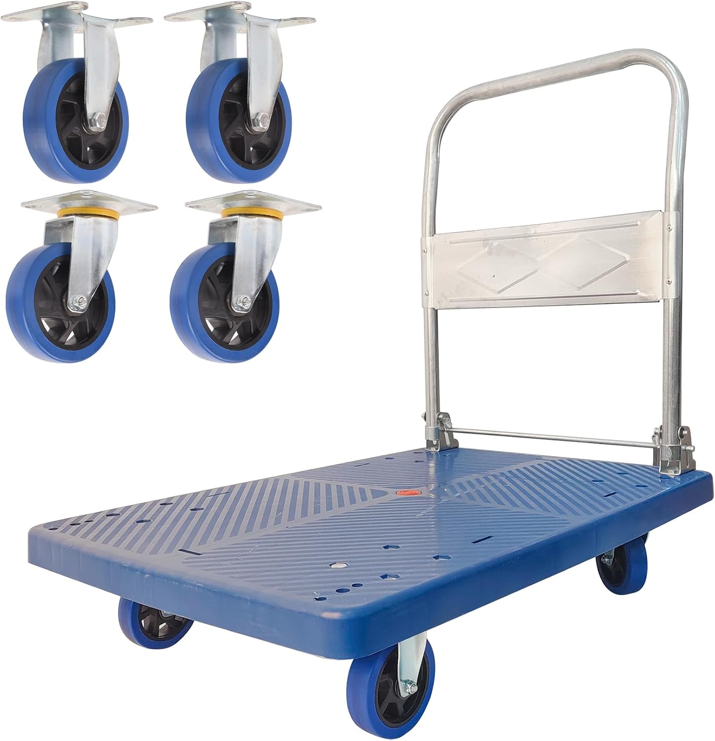 Carrito de cama plana, plataforma de alta capacidad de 660 libras, ruedas giratorias de 360 grados, carrito de mano plegable para carga y
