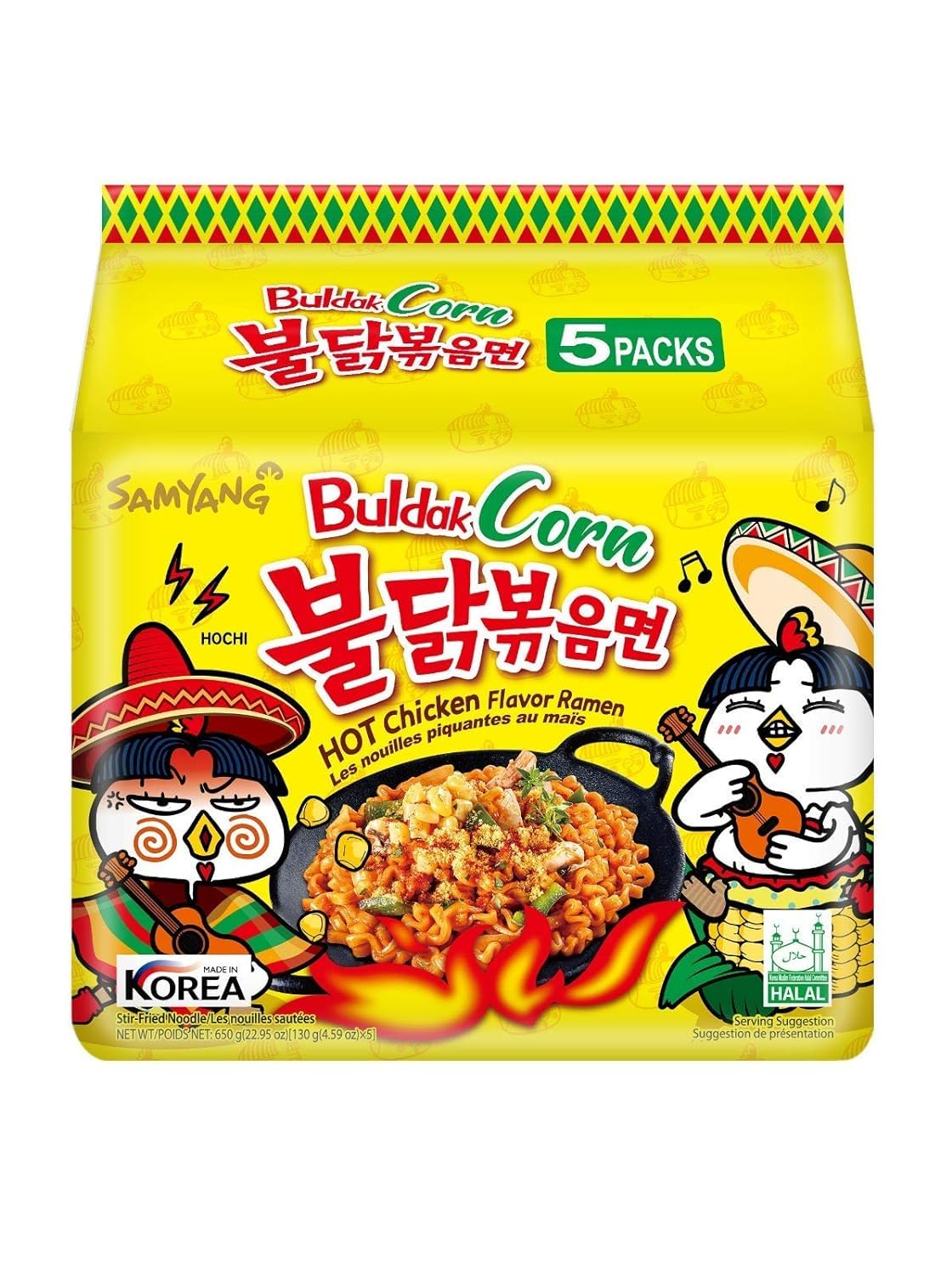 Samyang Buldak – Fideos de ramen de maíz, ramen salteado coreano picante con sabor a pollo, 24.7 onzas (paquete de 1) (total 5 piezas)