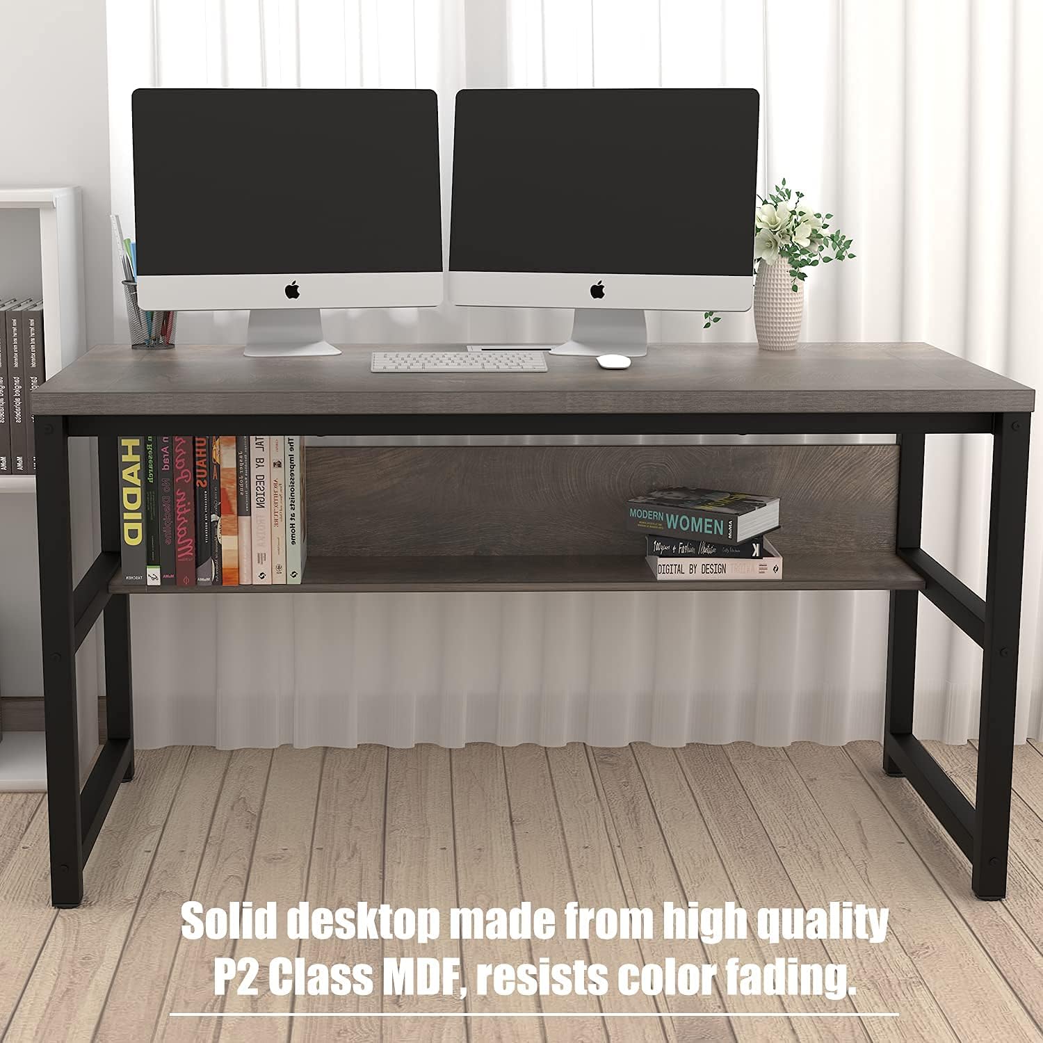 TOPSKY Escritorio para computadora con estanteríacubierta de cable con agujero de metal, escritorio de 1.18 pulgadas de grosor (55 pulgadas, gris