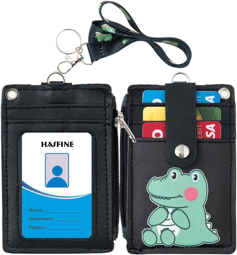 HASFINE – Soporte para tarjetas de identificación con zíper, tarjetero de piel, tarjetero con zíper, 2 caras, 5 ranuras para tarjetas y llavero para