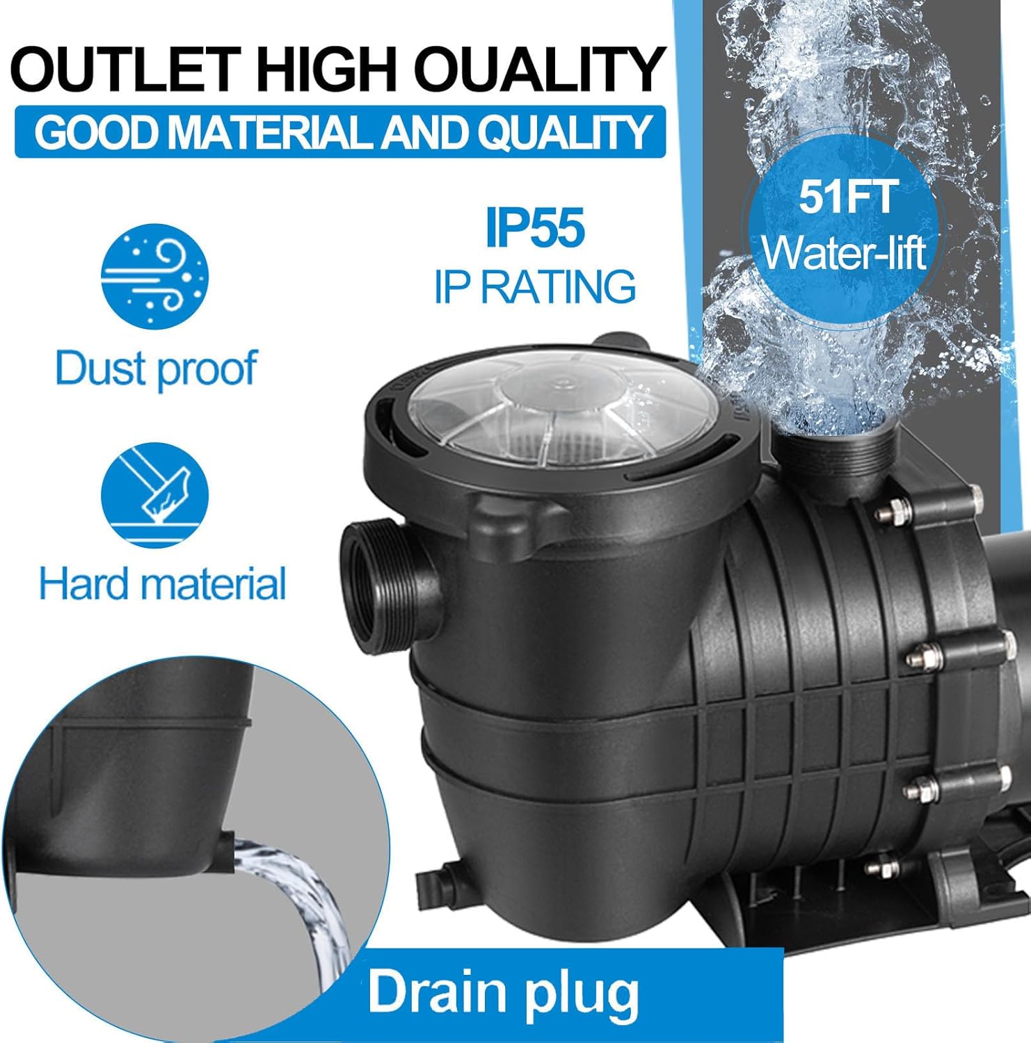 Hitgrand Bomba de piscina autorecortable de 1.5 HP, bomba de piscina sobre el suelo mejorada 110 V220 V de doble voltaje, bombas de velocidad única
