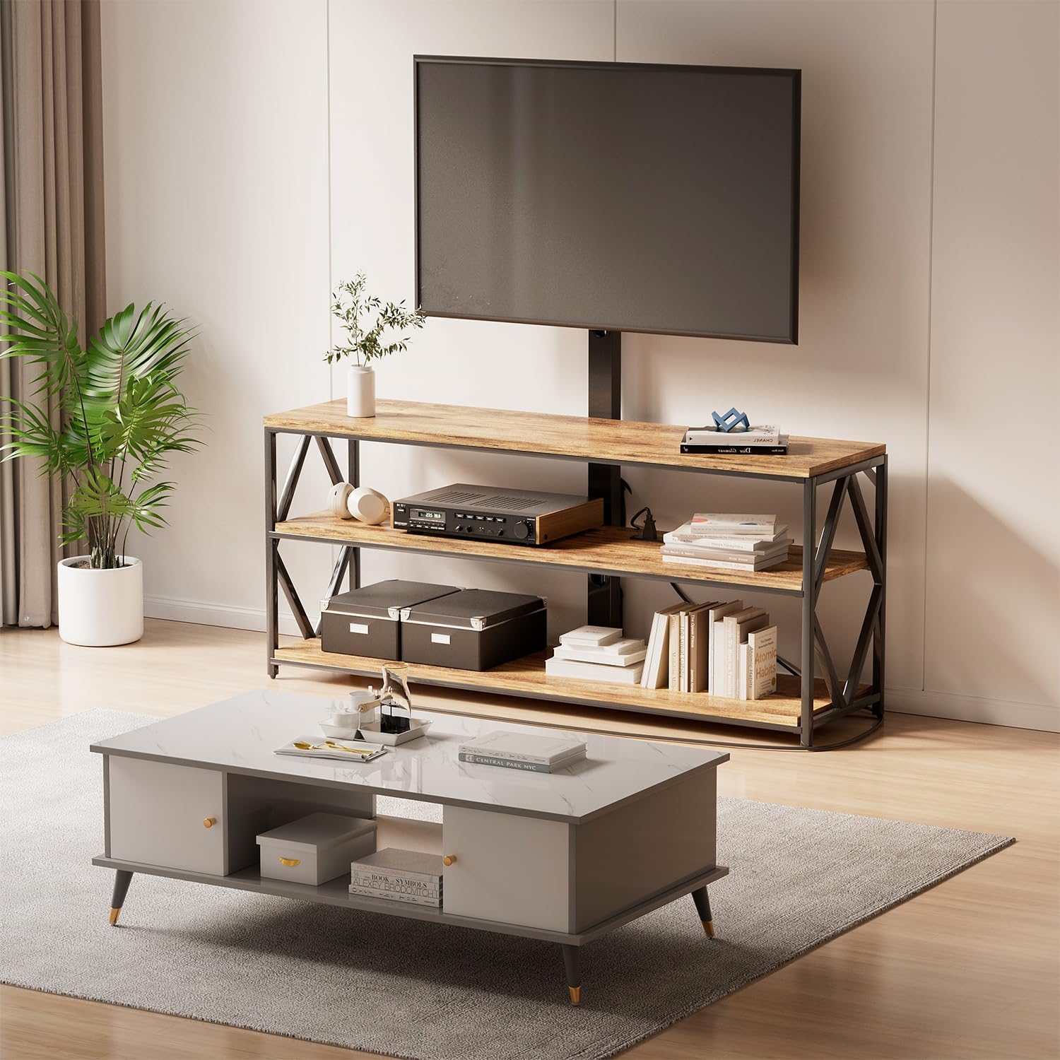 YESHOMY Soporte de TV giratorio con soporte para televisión de hasta 75 pulgadas, centro de entretenimiento con toma de corriente y estantes de