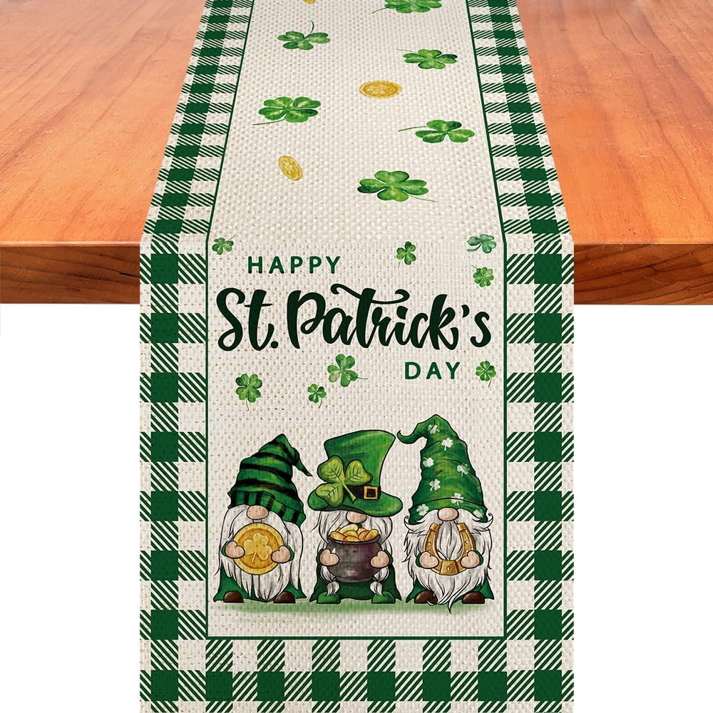 Camino de mesa Happy St Patrick’s Day Buffalo Plaid Three Gnomes Irish Green Lucky Shamrock Camino de mesa de decoración de mesa de cocina comedor
