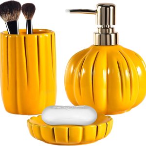 Juego de accesorios de baño de cerámica de 3 piezas, juego de accesorios decorativos para encimera de baño, forma de calabaza, amarillo Juego de accesorios de baño de cerámica de 3 piezas, juego de accesorios decorativos para encimera de baño, forma de calabaza, amarillo