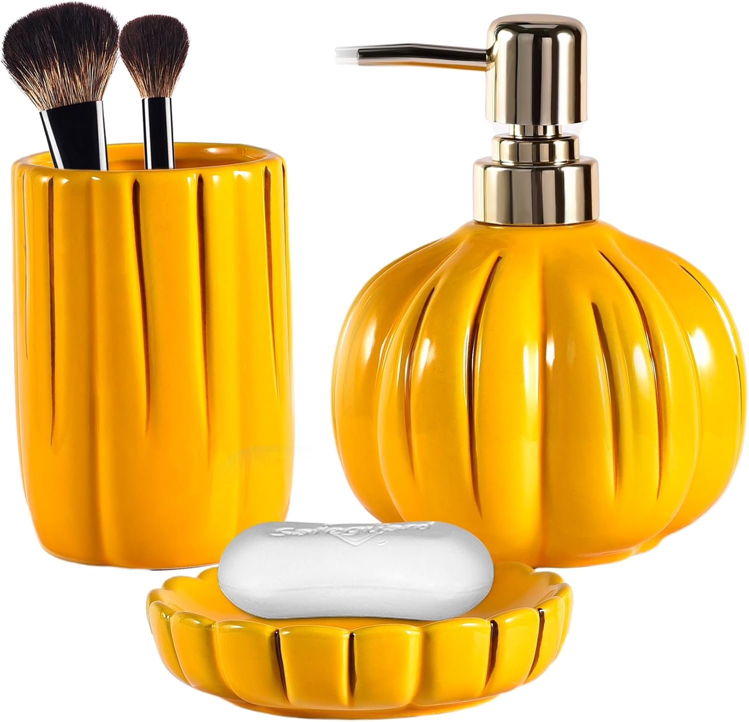 Juego de accesorios de baño de cerámica de 3 piezas, juego de accesorios decorativos para encimera de baño, forma de calabaza, amarillo