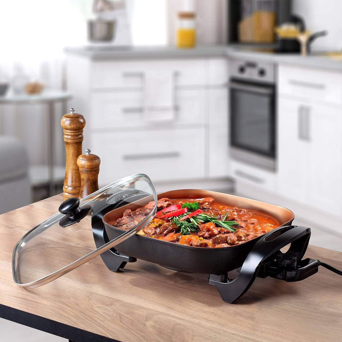 Holstein Housewares Sartén eléctrica de 12 pulgadas y sartén con tapa de vidrio, revestimiento antiadherente, control de temperatura con sonda de