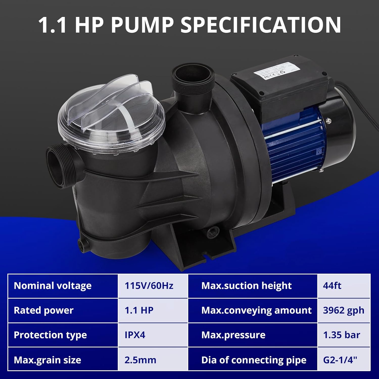 Bomba de piscina de una sola velocidad de 1.1HP en sobre el suelo, 800 W115 V, 3962 GPH, alto flujo, potentes bombas de piscina autorecortables con