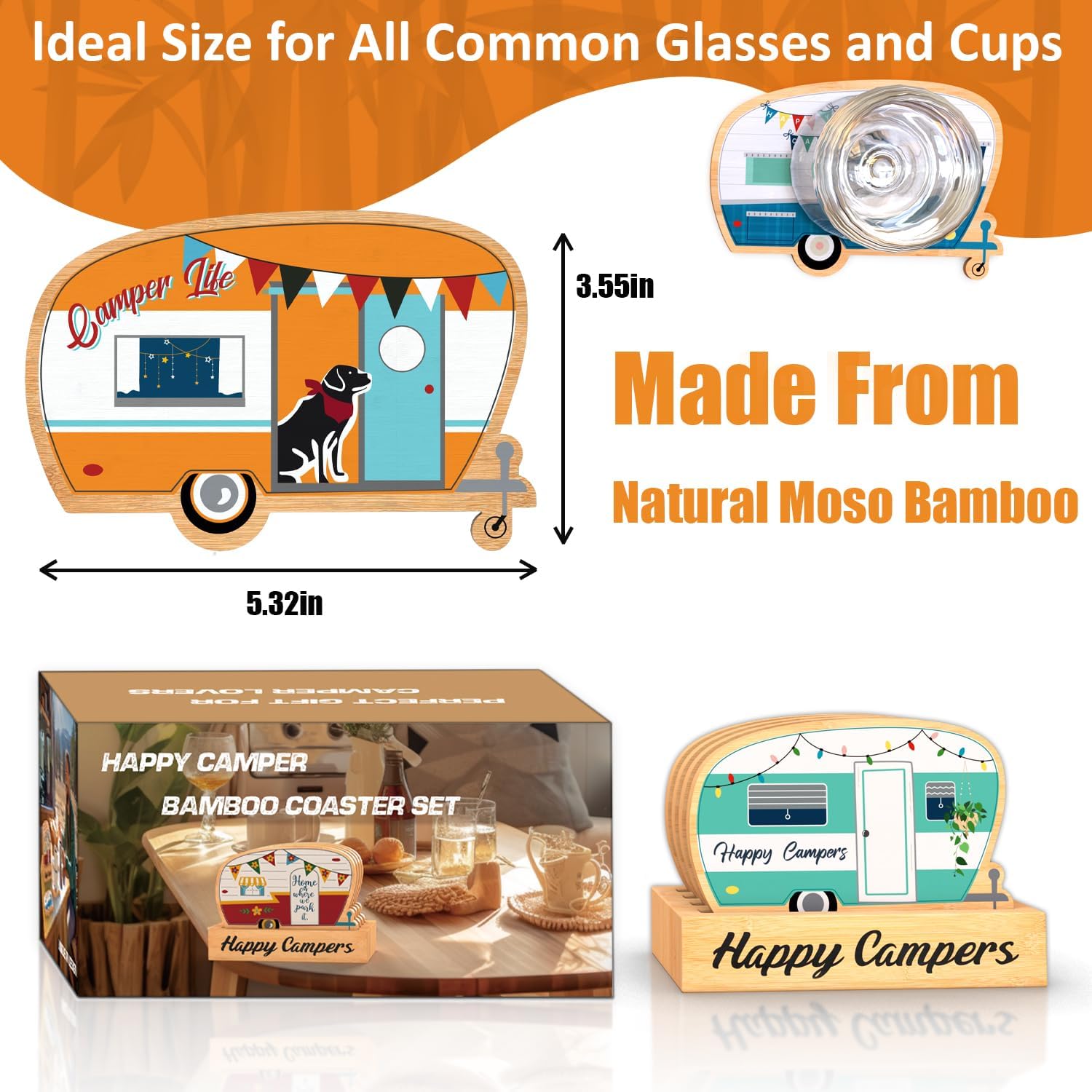 Juego de 4 posavasos de bambú Happy Camper con soporte, regalos de campamento para amantes de los campistas, mujeres y hombres, adecuados para tipos