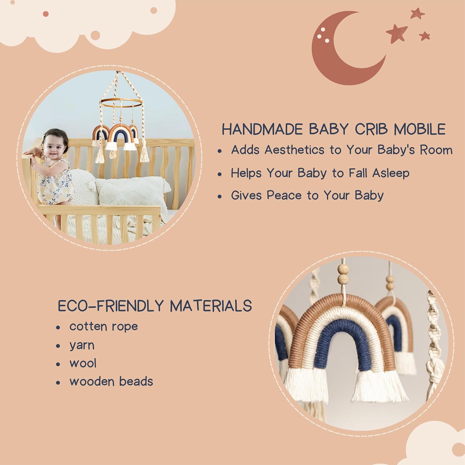 Móvil para cuna, móvil de bebé arcoíris, móvil hecho a mano para cuna, móvil de macramé para cuna, móvil de cuna bohemio, móvil de cuna natural para
