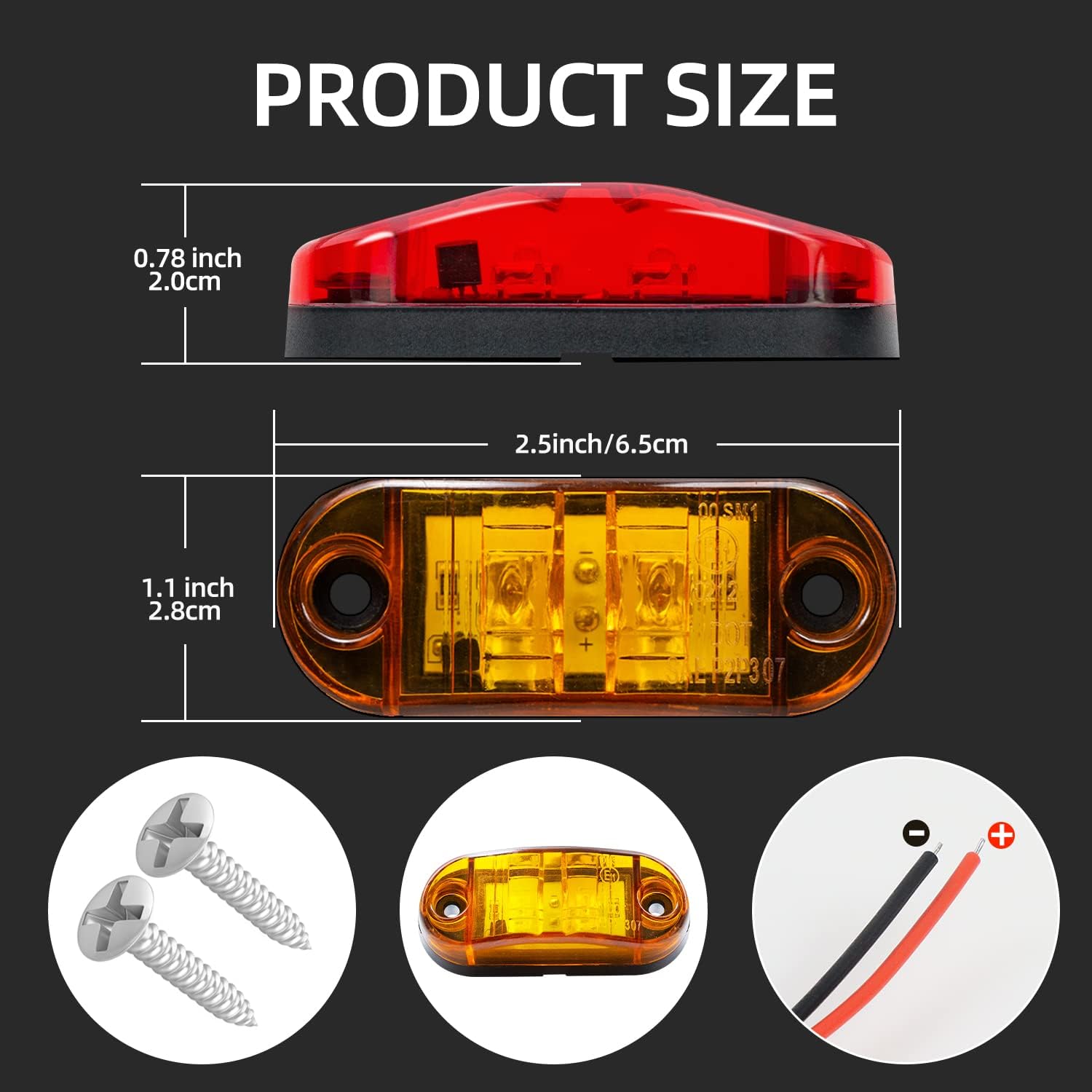 (10 ámbar + 10 rojo) 2.5 pulgadas, 2 diodos, luces marcadoras de remolque, 2 luces LED de marcador lateral de remolque, luces ovaladas para