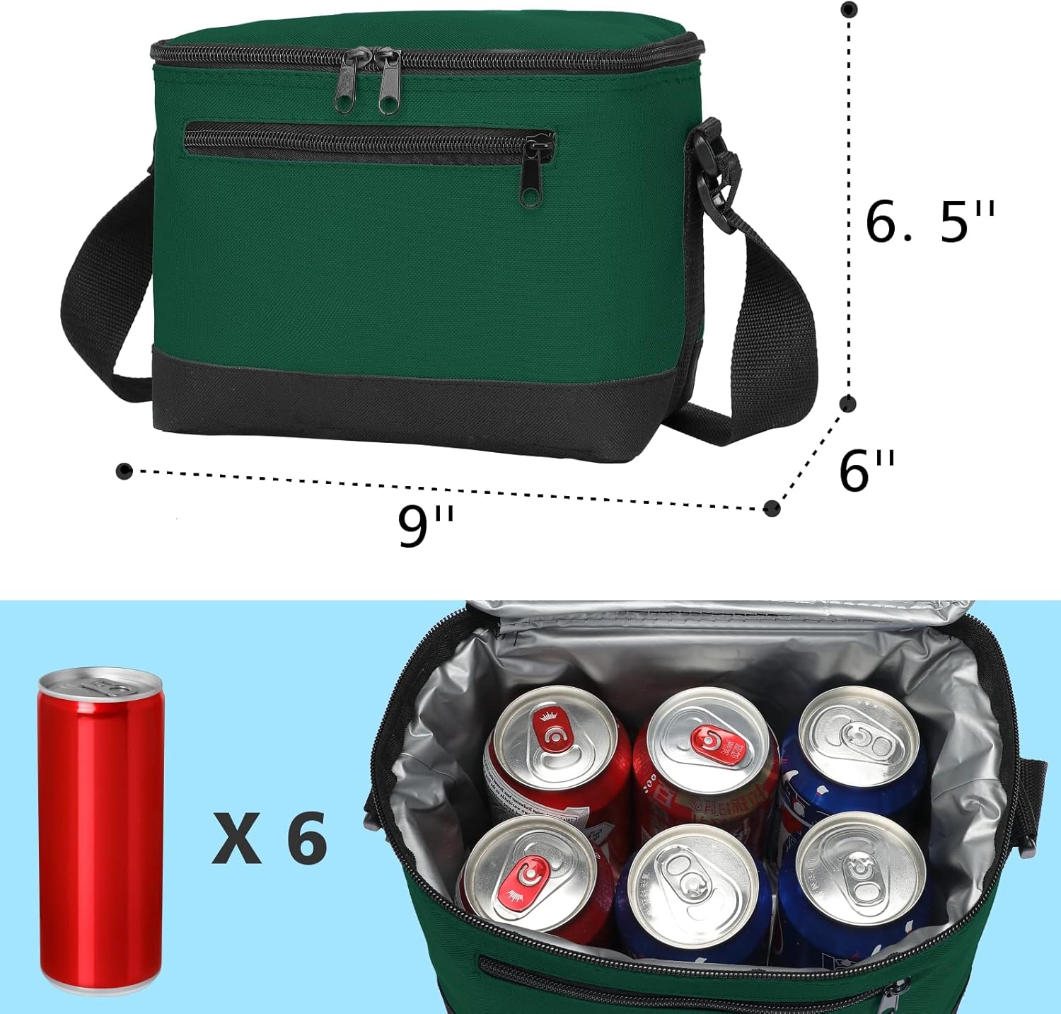 MISSMOON Bolsa enfriadora de almuerzo, pequeña caja térmica con aislamiento para 6 latas, bolsa de almuerzo, correa ajustable para adultos, mujeres