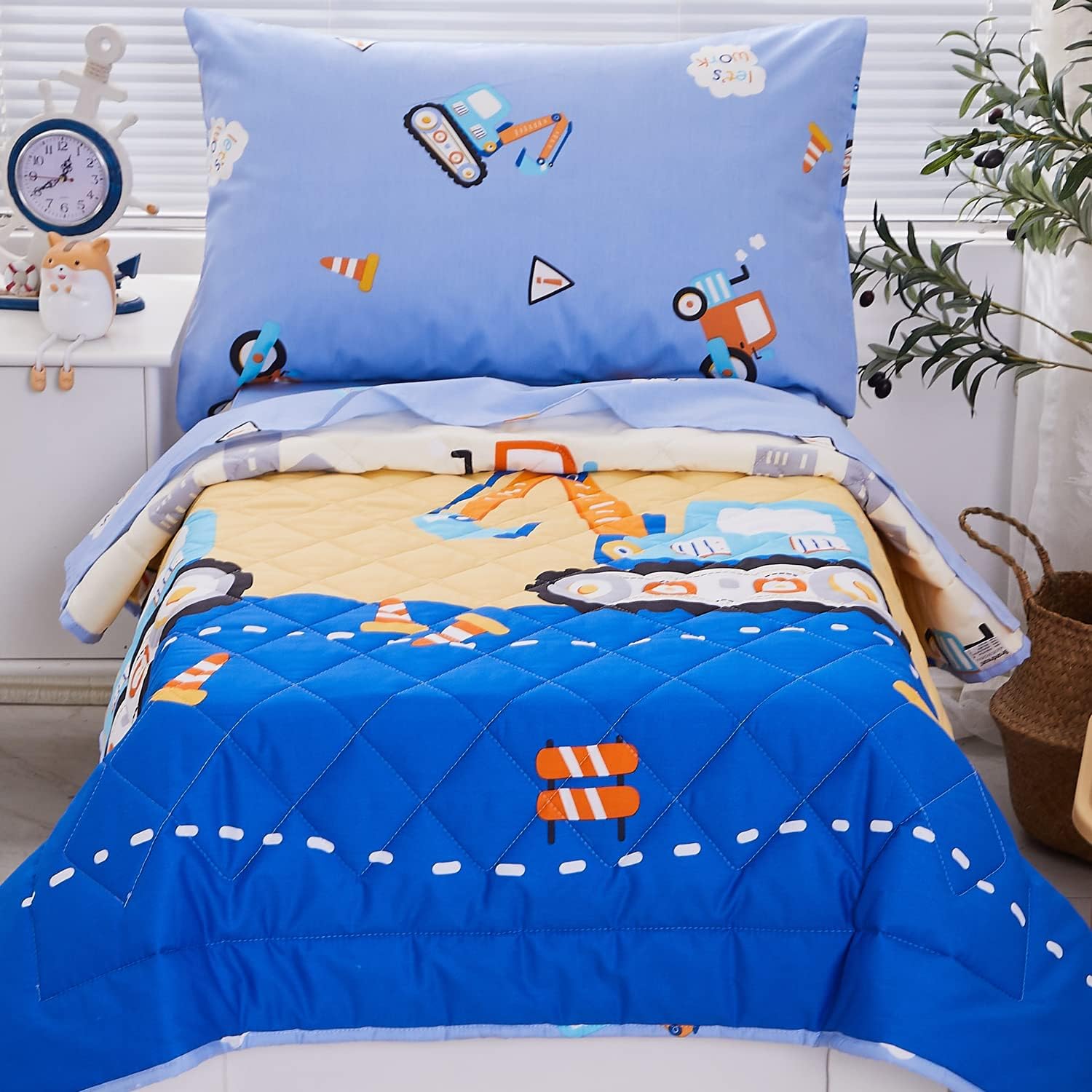 Brandream Juego de ropa de cama para niños pequeños, diseño de vehículos excavadores de construcción, cama de guardería en una bolsa, colcha de