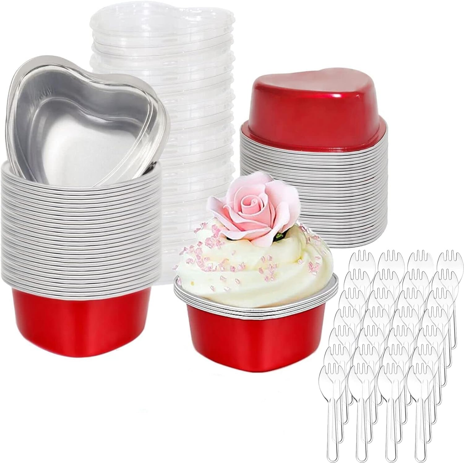 AXZTYYLA – Paquete de 50 moldes para pasteles en forma de corazón, de papel de aluminio, de 3.4 onzas, con tapas y cucharas, forros desechables para