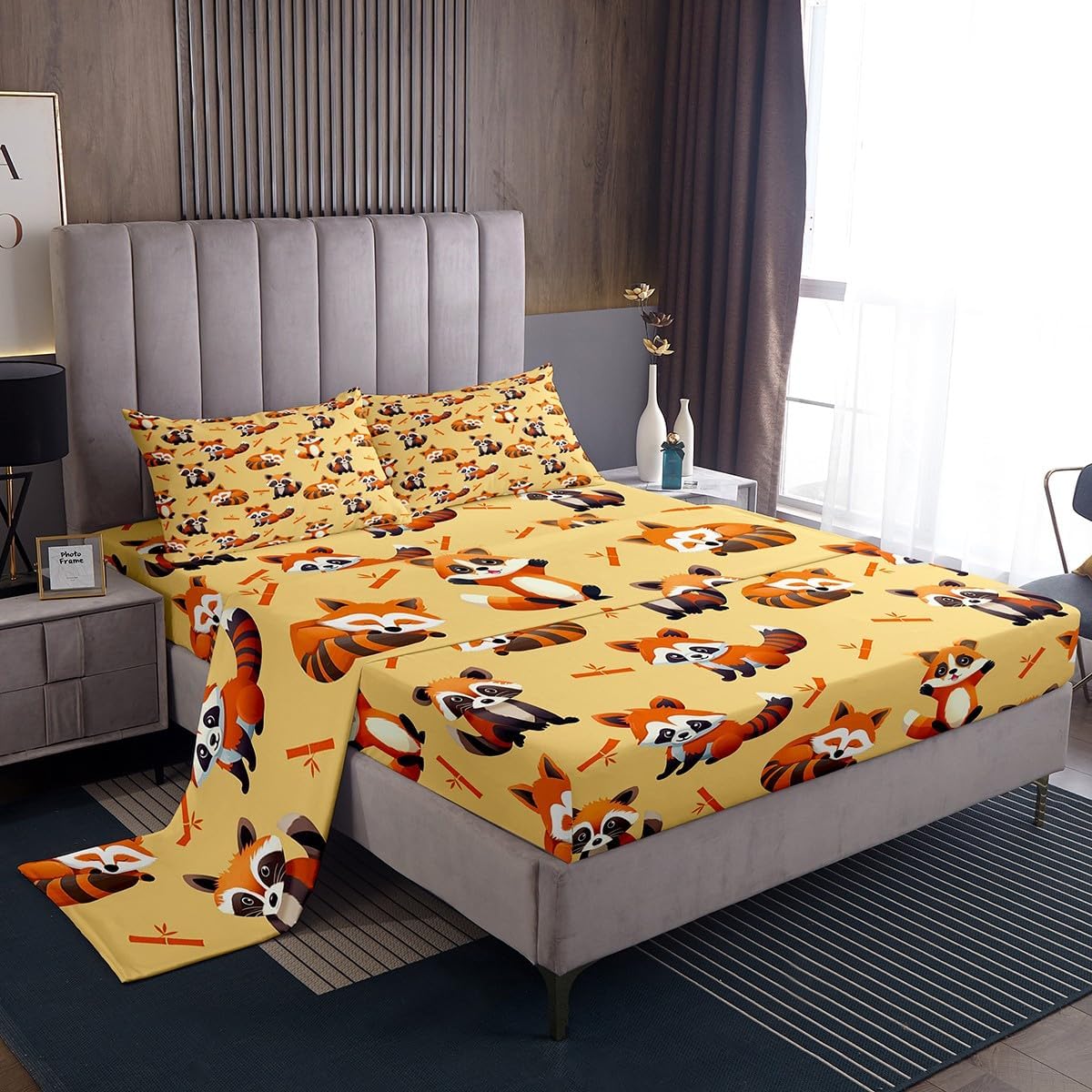 Feelyou Juego de ropa de cama de panda de dibujos animados para niños, sábanas de bambú con panda rojo para niños y niñas, decoración temática de
