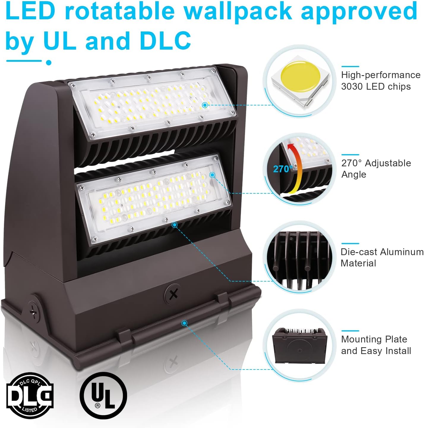 OSTEK Paquete de luz LED de pared de 40 W, giratoria, ajustable, 5000 K, 5500 LM, paquete de pared de área regulable para exteriores, IP65, UL, DLC