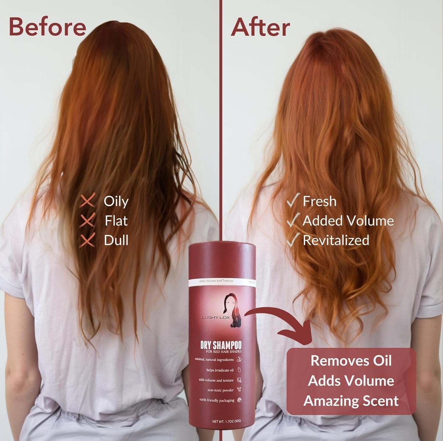 Champú seco en polvo para tonos de cabello rojo, todos los ingredientes naturales, no aerosol, no tóxico, embalaje respetuoso con la tierra