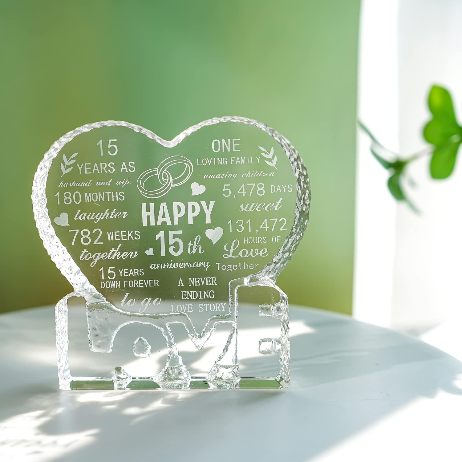 H&D Hyaline&Dora Pisapapeles de aniversario de boda de 15 años, 15 años, escultura de cristal, regalo de recuerdo personalizado con corazón grabado