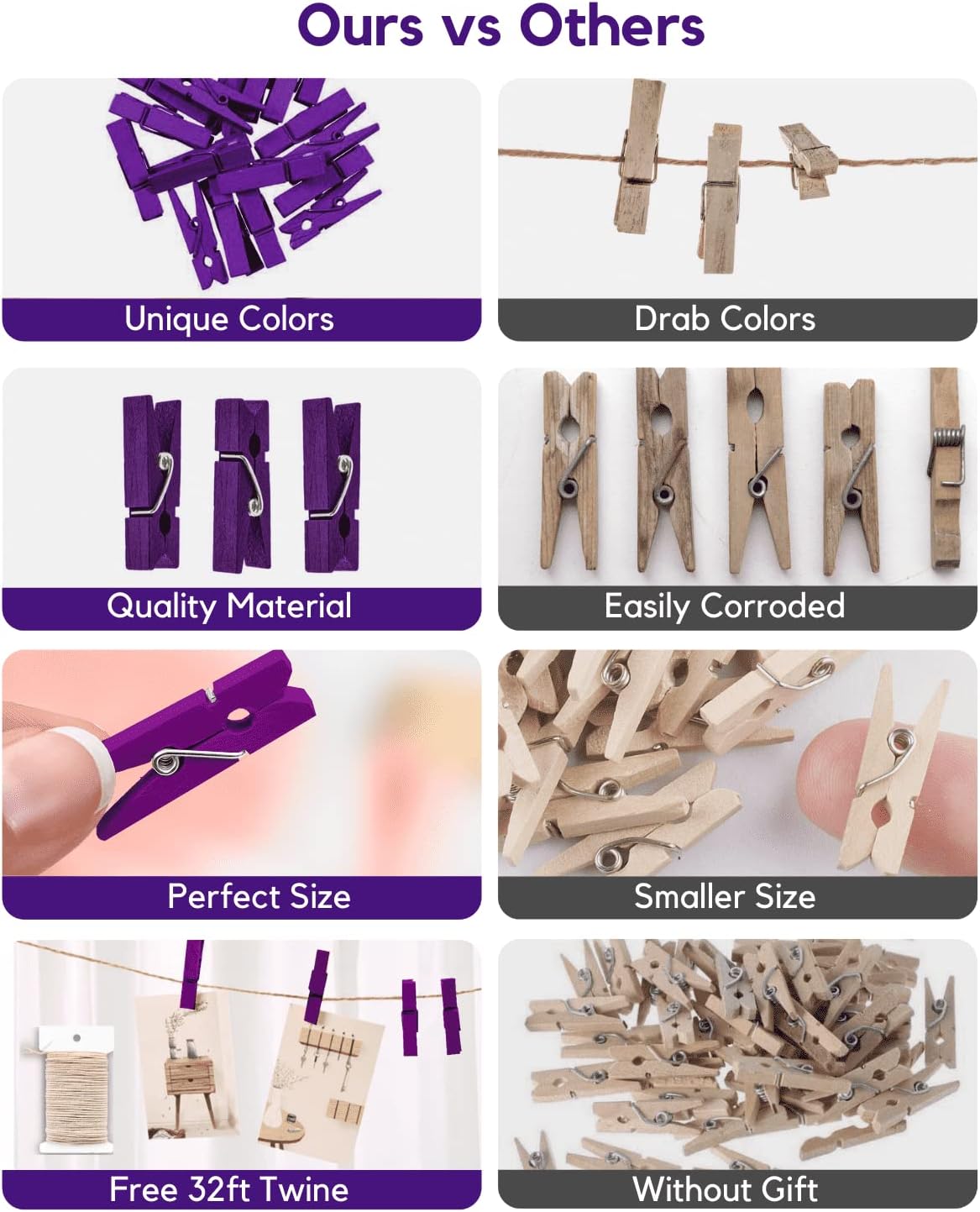 Mini alfileres para fotos, pinzas de color morado, paquete de 100 clips de madera arcoíris coloridos con cuerda de 32 pies para manualidades, baby