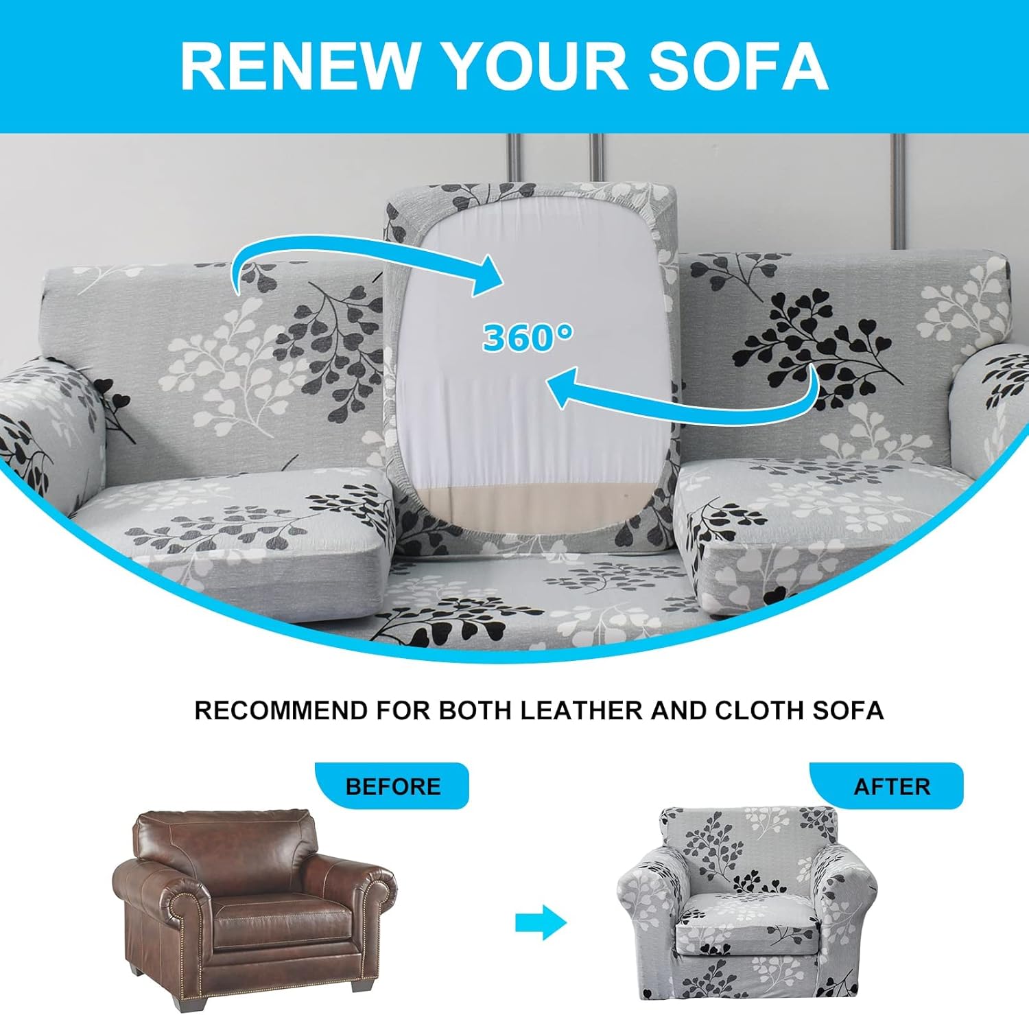 FUANGUI Funda impermeable para sofá de 2 piezas, funda elástica con estampado, funda de cojín para sofá, lavable, protector de muebles para sala de