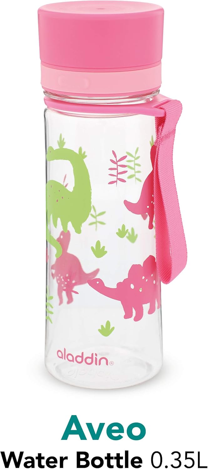 Aladdin My First Aveo – Botella de agua para niños de 0.35 L con gráficos rosados, a prueba de fugas, amplia apertura para un fácil llenado, sin