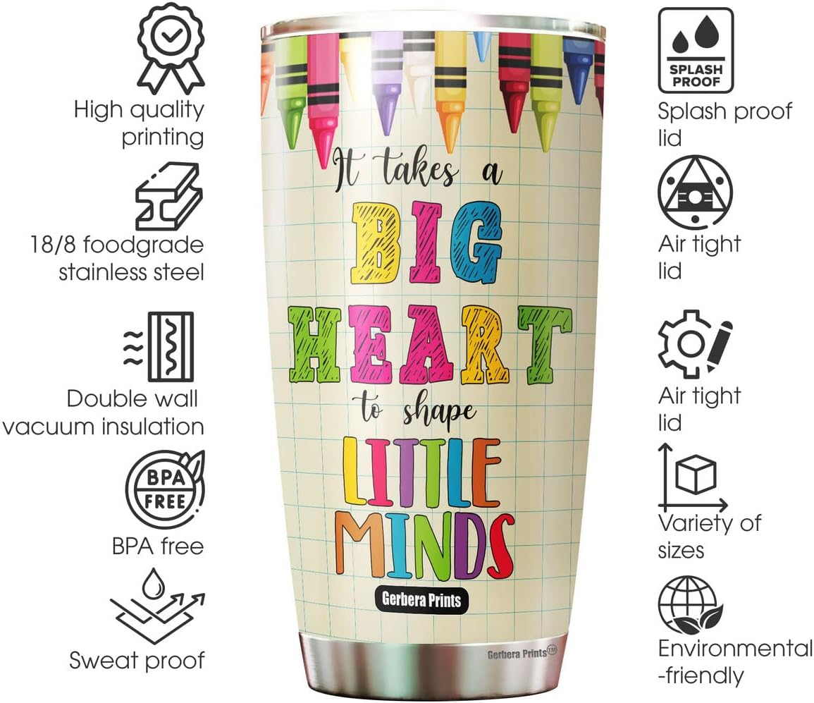 TC-HA0030 – Vaso para profesores de 20 onzas, con texto en inglés “It Takes A Big Heart To Shape Little Minds”, taza de información nutricional para