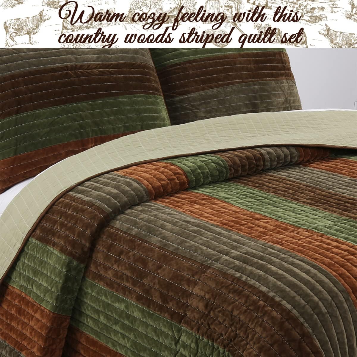 Cozy Line Home Fashions Juego de ropa de cama reversible de terciopelo a rayas atrevidas, color marrón oscuro, verde salvia, tamaño King, 3 piezas
