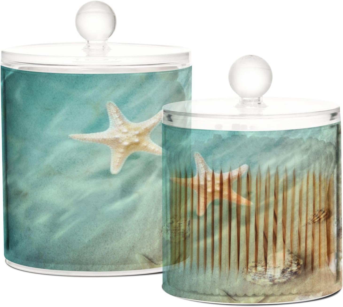 Starfish Summer Beach Qtip – Dispensador de soporte con tapas, juego de 2 recipientes de plástico para almacenamiento de alimentos, recipientes de