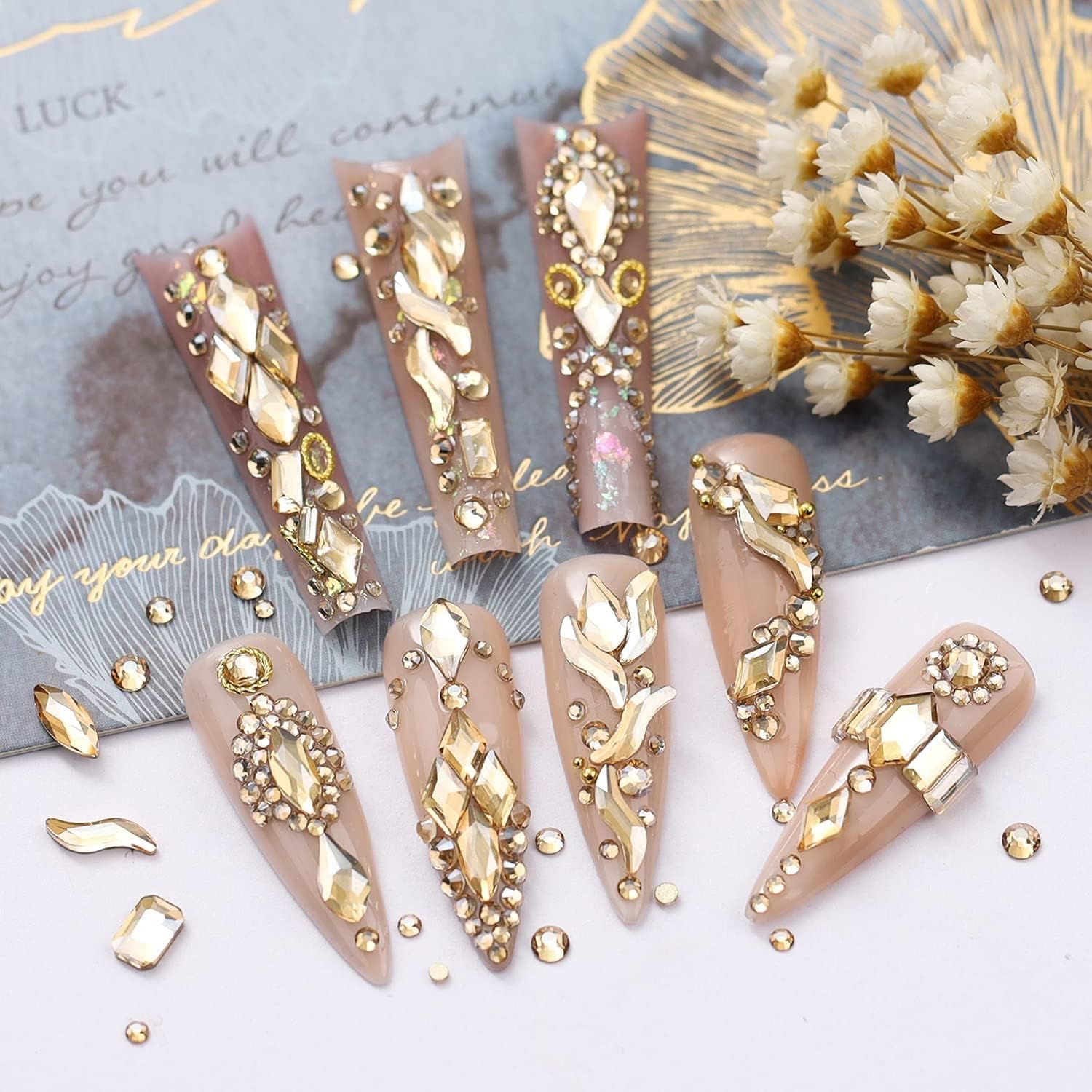 24 estilos de diamantes de imitación de uñas dorado champán multiformas con parte trasera plana, gemas redondas K9, piedras de vidrio, diamantes,