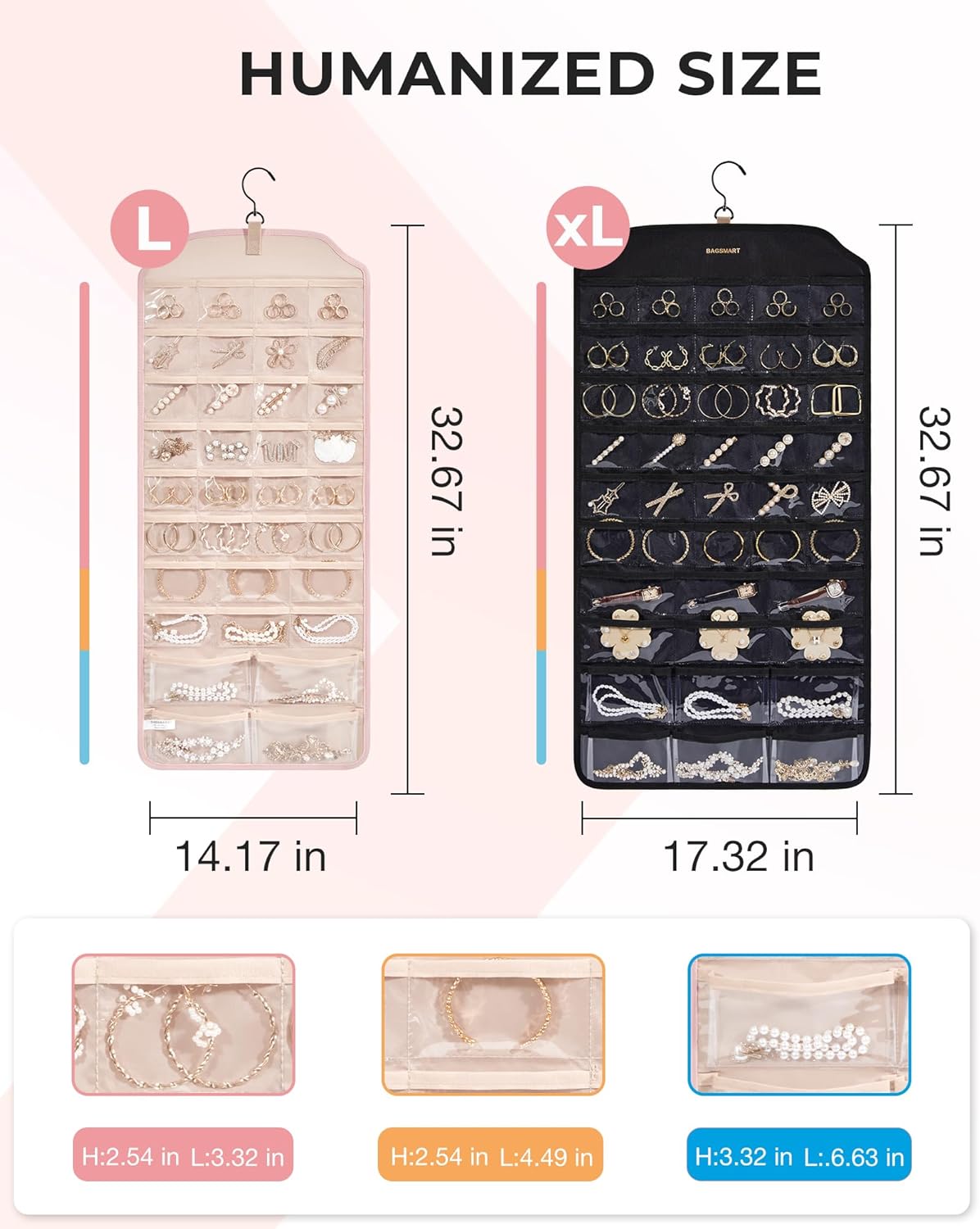 BAGSMART Organizador colgante de joyas, organizador de accesorios, organizador de aretes de 68 bolsillos para sostener joyas en la pared, extra