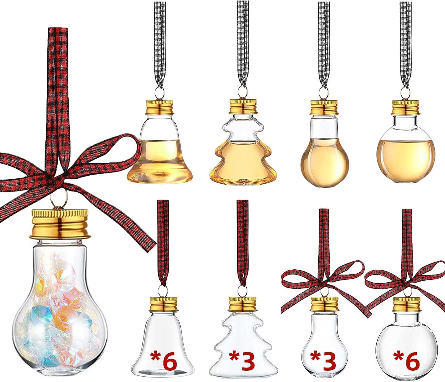 18 bolas de alcohol para fiestas navideñas, adornos de árbol de alcohol rellenables con calcomanías de cinta a cuadros de búfalo de plástico