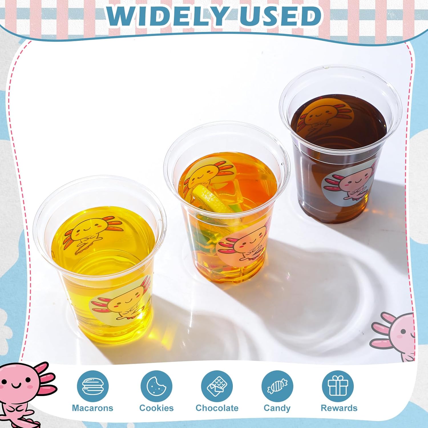 Juego de 120 vasos desechables de ajolote transparente de 12 onzas con tapas y pajitas de papel, tazas de café helado para niñas, decoración de