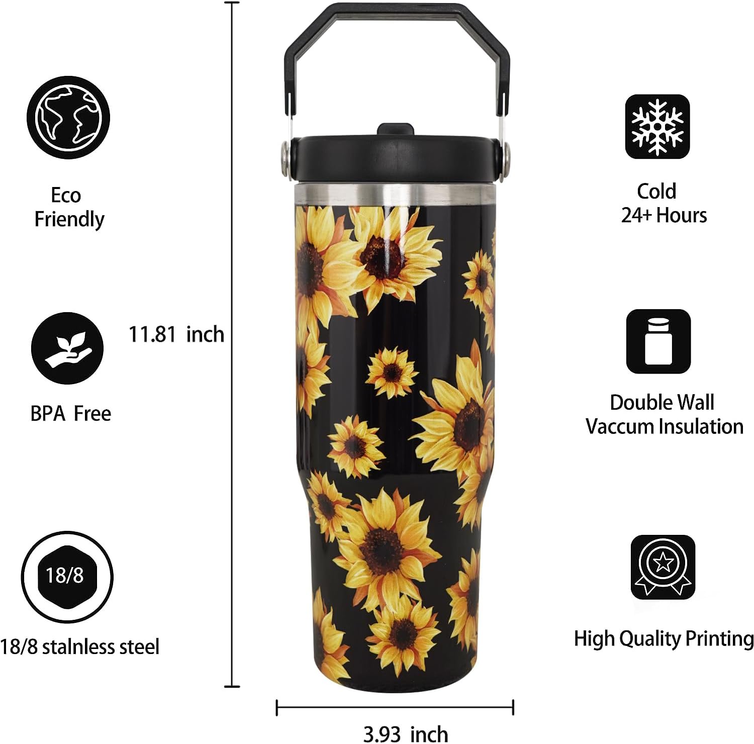 Vaso de girasol negro, regalos de girasol para mujeres, taza de café con girasol aislada de 30 onzas, taza, botella de agua, vasos para beber,